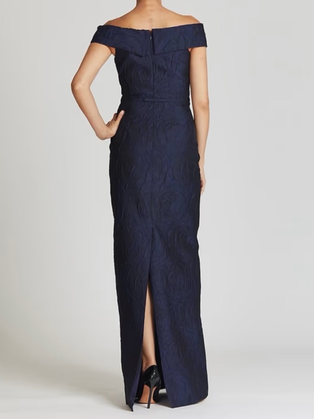 🆕🫐 Teri Jon Rickie Freeman Navy Evening Gown Size 10 Textured Formal Maxi Dress - Picture 3 of 15